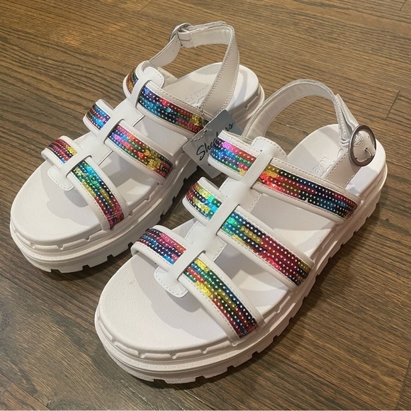 NWT Skechers Jammers Triple Rainbow Sequin Lug Sole Fisherman Chunky Sandals - Picture 12 of 12